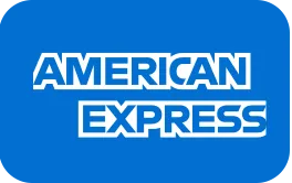 American Express logo in white text on a blue background.