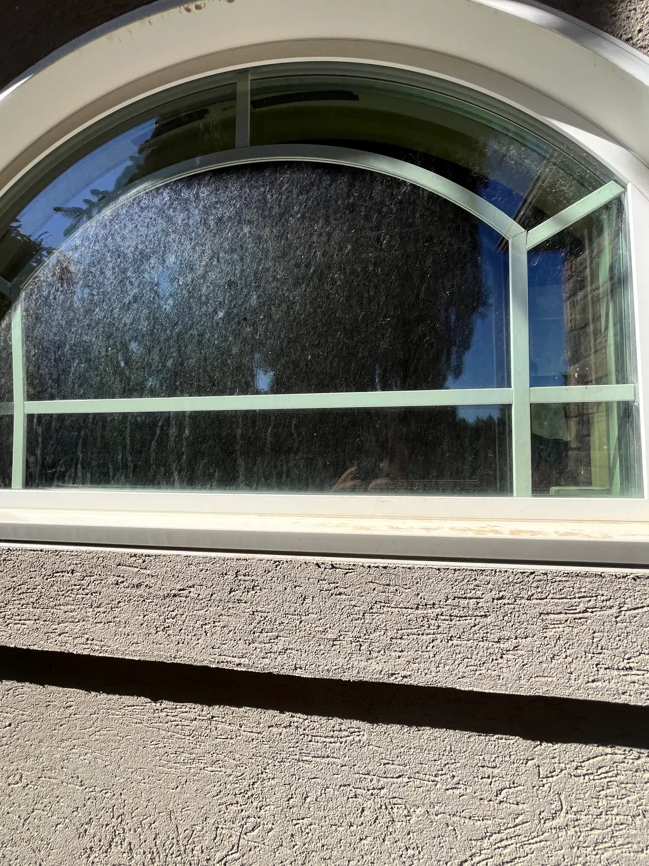 Arched window covered in white hard water streaks and mineral spots from sprinkler overspray on a Boise home