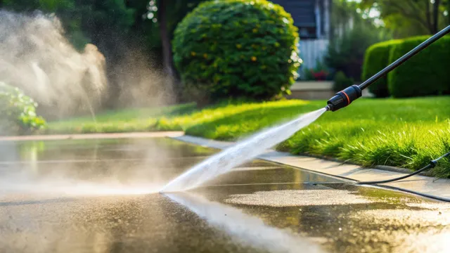 A pressure washer spraying water on a concrete driveway, cleaning it outdoors.
