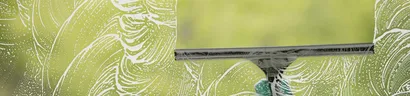 A window being cleaned with a squeegee, soapy surface, and a blurry green background.